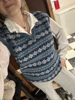 Vintage Fair Isle Sweater Vest Blue Wool Blend Grandpa Academia Preppy